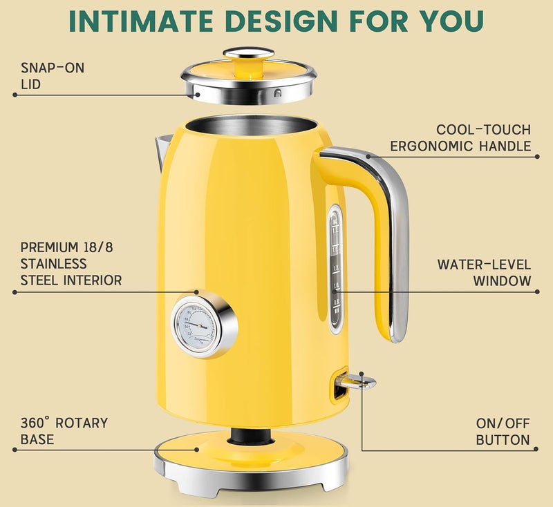 susteas Electric Kettle - 57oz Hot Tea Kettle Water Boiler with Thermometer, 1500W Fast Heating Stainless Steel Tea Pot, Cordless with LED Indicator, Auto Shut-Off & Boil Dry Protection, Retro Yellow - Image 2